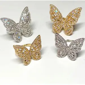 韩国时尚黄铜18k镀金aaa立方氧化锆蝴蝶可调节戒指珠宝女