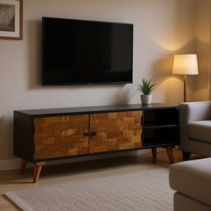 Meuble TV en bois de manguier massif noir, design moderne du milieu du siècle, meuble de salon, support TV au sol, durable - Product Image 2