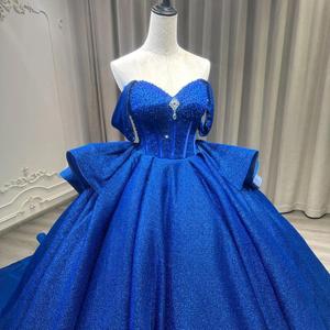 Royal Blue Off The Shoulder Ball Gown Empire Waist Beaded Evening Dress For Women - Product Image 4