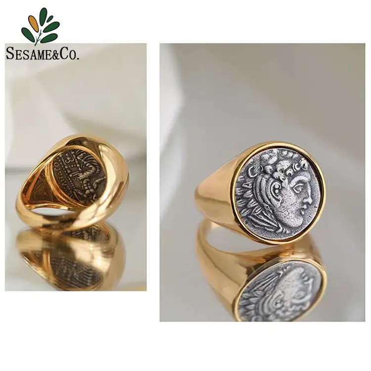 अद्वितीय सिक्का शैली नवीनता चंकी वादा अँगूठी ठोस 925 चांदी प्राचीन सिक्का अंगूठी यूनिसेक्स सस्ते सिक्का गोल्डन सजावट की अंगूठी