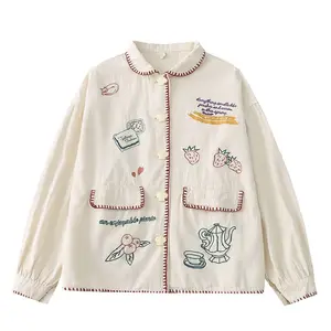 女式棉夹克基础外套休闲外套图案刺绣米色宽松卡通原创利基设计师