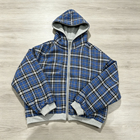 Hoodie Pria Oversize Custom Retro Kotak-kotak Tebal Dua Sisi Bolak-Balik French Terry Resleting Bahu Jatuh