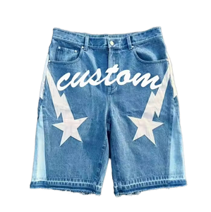 Pantalones Cortos de Mezclilla para Hombre, Impresión Personalizada de Alta Calidad, con Dobladillo Deshilachado, Corte Relajado, Estilo Vintage, Casual, Urbano - Product Image 1