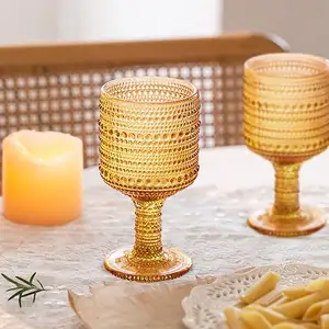 Unique Embossed Pattern High Clear Stemmed Glassware Wedding Party Bar Drinking Cups Green Golden Amber Beads Glasses Cup