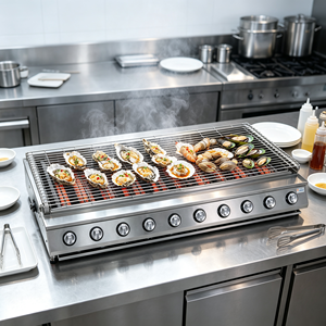 Parrilla de Gas Comercial de 10 Quemadores Ampliada para Asar Pescado (Calamar) en Brochetas Mixtas, Equipo de Cocina para Restaurantes y Catering - Product Image 1