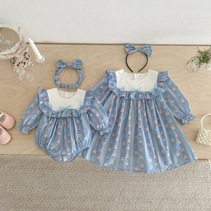 Tutina per Bambine in Stile Coreano con Stampa di Tulipani Blu, Maniche Lunghe e Fascia Abbinata per Uso Quotidiano e Servizi Fotografici - Product Image 4