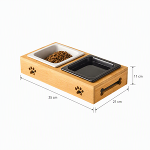 Support surélevé en bambou pour animaux de compagnie avec double gamelle en céramique 35x21x11cm, motif patte, pour chiens et chats, vente en gros - Product Image 3