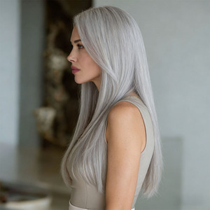 Nouvelle perruque en fibre chimique naturelle douce, cheveux longs et raides gris de 26 pouces, style Words Temperament. SM014 - Product Image 4