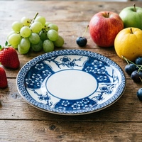 Assiette en céramique durable de haute qualité, écologique, motif floral bleu, faite à la main, finition brillante, logo personnalisable