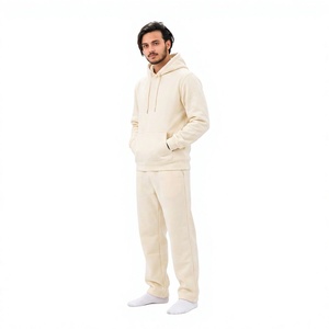 Men's <b>Cream</b> Hooded Tracksuit Full Sleeve Solid Color Cotton Casual Wear with Side Pockets Regular Fit Autumn Style - Product Image 2