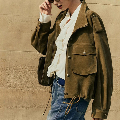 5213 Fashion Autumn and Winter New Small Stand Collar Frosted Workwear with Wind Pockets and Drawstring Short Jacket