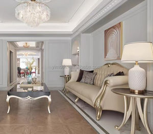 أريكة فرنسية أنيقة لغرفة المعيشة عتيقة منحوتة من الجلد البيج ، أثاث فرنسي كلاسيكي - Product Image 2