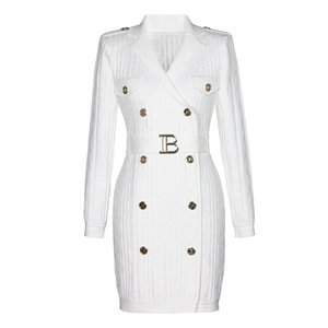 Di alta qualità moda donna nuova cintura Vintage fibbia oro bavero sottile doppio petto lavorato a maglia abito maglione - Product Image 3