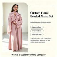 Ensemble Abaya Hijab Personnalisé en Gros avec Perles Florales, Robe Longue Ample Couleur Unie, Style Turc Modeste, Robe Islamique pour Femme OEM