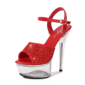 Luminous waterproof platform design Adjustable buckle luxury Shiny fabric charming fashionable 15cm high heel sandal with flower