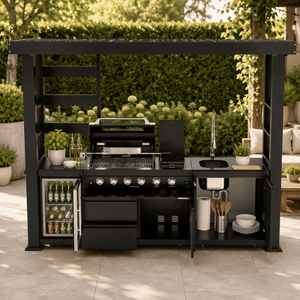 US Warehouse Stock All Season Garden Black Stainless Steel Mobile Gas BBQ Grill Sink Fridge Roof Outdoor Kitchen with Shed - Product Image 4
