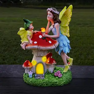 Resin Solar Garden Statue With Mushroom Solar Powered LED Lights Angel Figurines Fairy Sculpture