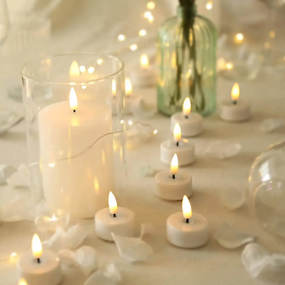 Velas de chá 3d sem chama led, velas de cera marfim verdadeira alimentada por bateria para casamento, proposta, diy