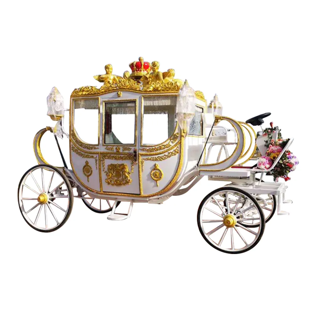 Oem Speciale Vervoer Wedding Elektrische Paardenkoetstochten Gouden Kleur Royal Sculptuur Paard Wagon Voor Koop Europa