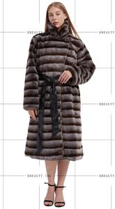 Abrigo de Invierno Impermeable para Mujer, con Solapa de Piel Sintética de Conejo Rex, Cinturón a Rayas, Largo Regular, Estampado, Decoración con Botones, Teñido - Product Image 5