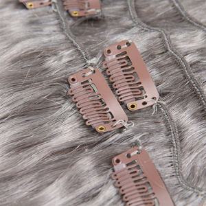 Vente en gros d'usine, extensions de cheveux humains à clips, personnalisées, bouclées/ondulées, soyeuses, droites, 150 grammes, lot de 7 pièces, double trame, couleur gris - Product Image 4
