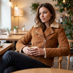 <span class=keywords><strong>Chaqueta</strong></span> de Motociclista Elegante para Mujer, Diseño OEM ODM, en Ante Sintético con Cuello de Borrego, Mangas Acolchadas, Abrigo Cálido para Invierno - Product Image 2