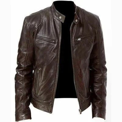 Jaqueta de couro para motociclista, novo modelo de jaqueta de couro casual simples com zíper e gola