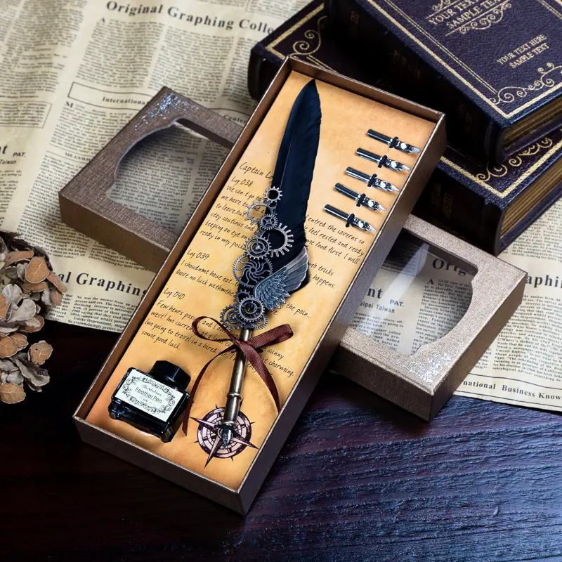 Pluma pluma estilo Steampunk mecánico, pluma estilográfica con tinta para regalo