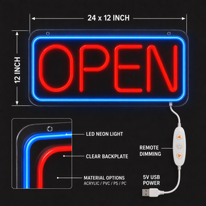 Enseigne ouverte à LED bleue et rouge avec bordure néon à intensité variable pour vitrine de magasin, restaurant, bar et présentoir de vente au détail - Product Image 2