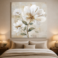 Peinture à l'huile abstraite moderne de fleurs blanches, toile texturée 3D avec feuille d'or, art mural pour la décoration du salon nordique