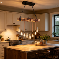Luminaire suspendu en bois rustique industriel à 8 lumières, ampoule Edison vintage, lampe suspendue linéaire pour îlot de cuisine, bar