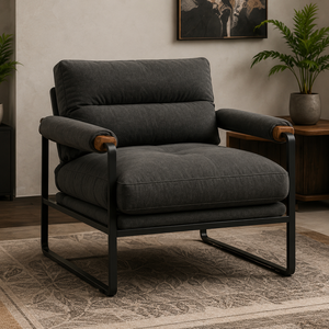Fauteuil lounge moderne rembourré avec structure en métal noir et accoudoirs en bois pour salon, chambre, bureau, décoration de la maison - Product Image 3