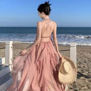 Vestido de playa rosa con cuello halter y volantes, estampado de gasa, de secado rápido, ajuste holgado, tejido, para cubrir el traje de baño - Product Image 2