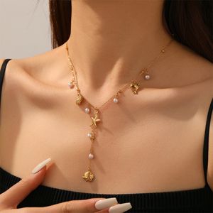 Collar Lariat <span class=keywords><strong>de</strong></span> Acero Inoxidable 316L Dorado con Colgante en Y <span class=keywords><strong>de</strong></span> Perla, Delfín, Estrella <span class=keywords><strong>de</strong></span> Mar y Concha, Joyería para Mujer, Venta al por Mayor, Personalizado OEM - Product Image 2