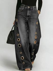 <span class=keywords><strong>Jeans</strong></span> da <span class=keywords><strong>donna</strong></span> a gamba dritta media, modello Street New, con occhielli metallici intagliati, tinta unita, vestibilità ampia e rilassata - Product Image 4