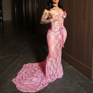 Nuevo Vestido Largo Sexy de Encaje con Malla y sin Tirantes para Mujer, a la Moda - Product Image 4