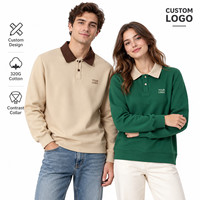 Sweat-shirt polo en coton 320 GSM à col contrastant, personnalisé avec logo, manches longues, épais, pull-over, OEM, vente en gros