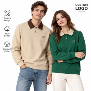 Wholesale Custom Logo 320 GSM Cotton Contrast Collar <b>Polo</b> Sweatshirt Heavyweight Long Sleeve Pullover OEM - Product Image 2