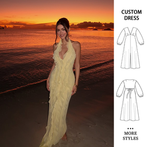 Elegante <span class=keywords><strong>vestido</strong></span> Maxi Halter <span class=keywords><strong>amarillo</strong></span> tejido sólido con detalles <span class=keywords><strong>de</strong></span> encaje con volantes <span class=keywords><strong>de</strong></span> cintura natural para atardeceres <span class=keywords><strong>de</strong></span> <span class=keywords><strong>playa</strong></span> estilo <span class=keywords><strong>de</strong></span> noche elegante - Product Image 1
