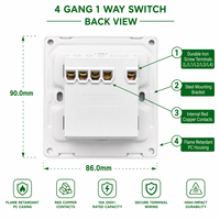 Interruptor de Luz de Pared Kolani Estándar Británico de 4 Botones y 1 Vía, 10AX 250V, 90x86mm, Blanco Brillante, PC, Interruptor de Control de Luz de Cuatro Botones