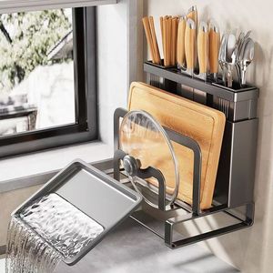 Kitchen Knife Rack Wall <b>Mounted</b> Storage For Knives Chopsticks Cutting <b>Boards</b> Pot Lids Countertop Organizer Multi Functional - Product Image 4
