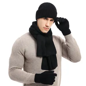 Hiver Hommes Femmes Unisex Rib Knitted 100% Merino Wool 3 Piece Set Scarf Beanie Gloves Set