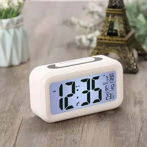 بيع بالجملة بلون أبيض إضاءة خلفية منبه ذكي رقمي LCD ساعة طاولة عرض الوقت درجة الحرارة التاريخ