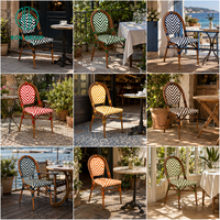 Ensemble de mobilier de café extérieur Ron Group : Bancs personnalisés, table ronde en pierre frittée, chaises empilables en rotin pour restaurant