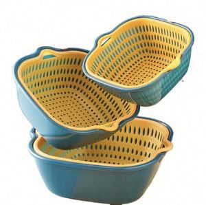 6-piece Set Double-layer Plastic Vegetable Fruit Kitchen Drain <b>Basket</b> Multi-functional Square Wash Drain for Food Use Camping - Product Image 1