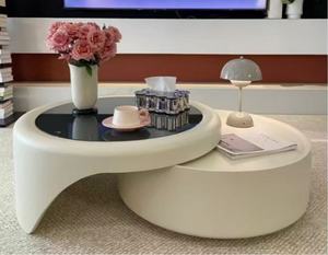 Modern Round <b>Resin</b> Coffee <b>Table</b> With Tempered Glass <b>Top</b> Nesting Design Minimalist Living Room Furniture - Product Image 6
