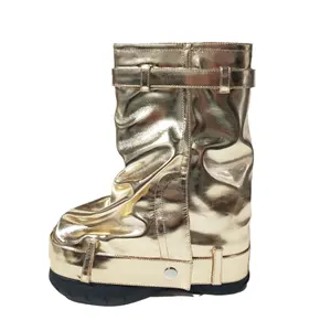 Drukke Meid My4804 Gouden Metallic Mid-Calf Laarzen Verborgen Hakken Metalen Slot Ronde Neus Casual Slouch Slofjes Schoenen Vrouwen Haai Laarzen