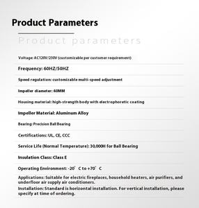 מאוורר קירור זרימה צולבת מיני 60 מ\"מ אלומיניום שקט AC120V/230V DC חשמלי OEM מחמם PF60AC 3-40 מטר/שנייה - Product Image 4
