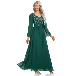 Robe longue en mousseline de soie à sequins pour femme, col en V, taille élastique, robe de soirée pour femme, qualité automne - Product Image 4