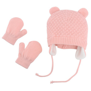 Vente flash : Bonnets pour enfants, 2 pièces, mignons bonnets en laine acrylique à oreilles <span class=keywords><strong>d</strong></span>'ours, ensembles de chapeaux et de gants <span class=keywords><strong>d</strong></span>'<span class=keywords><strong>hiver</strong></span>, mitaines en polaire tricotées chaudes pour bébés - Product Image 1
